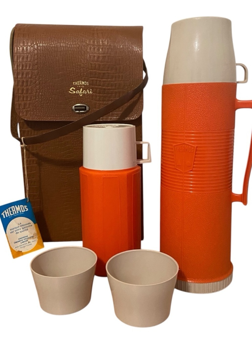 Rare Vintage Thermos Safari Carrying Case 2 Orange thermos containers and cups